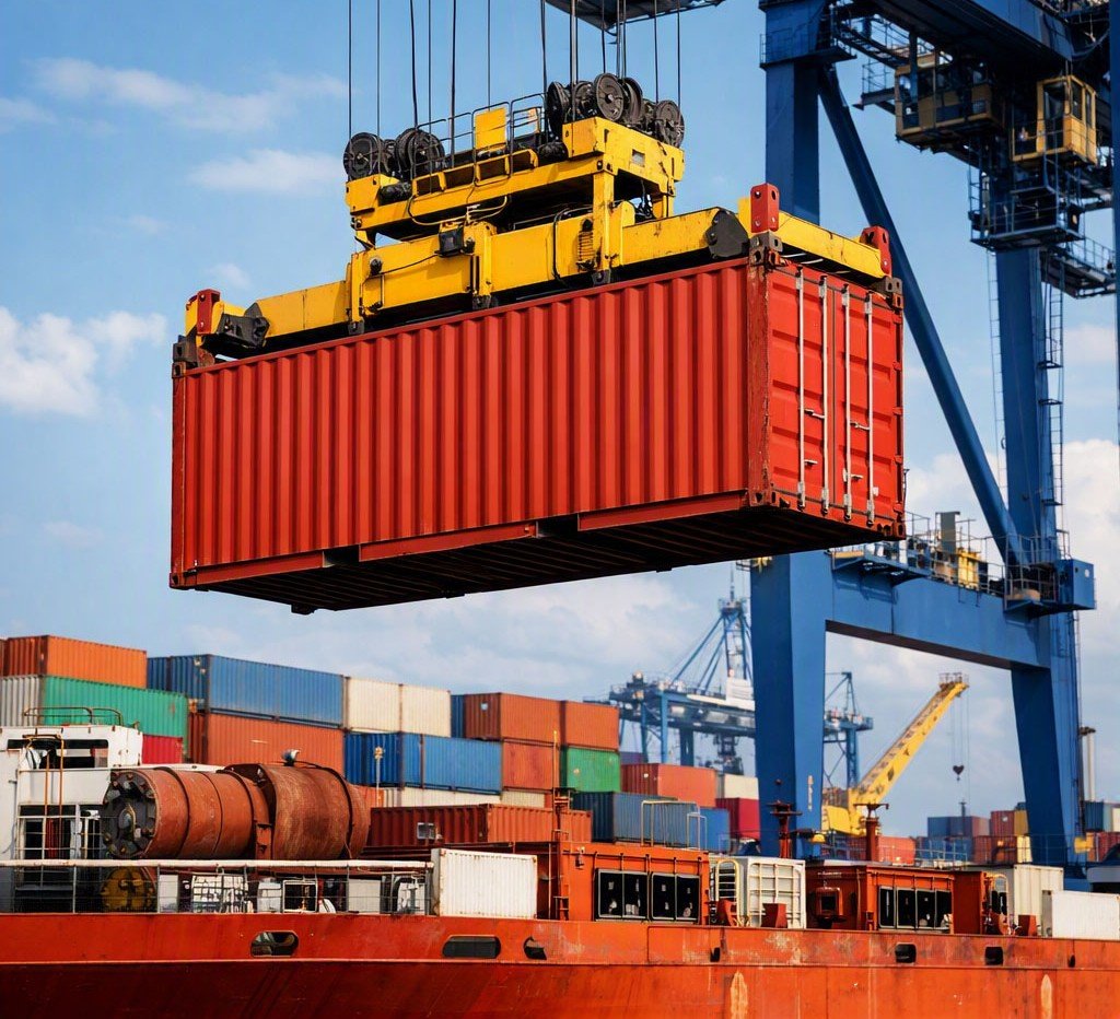 Grue portuaire soulevant un conteneur